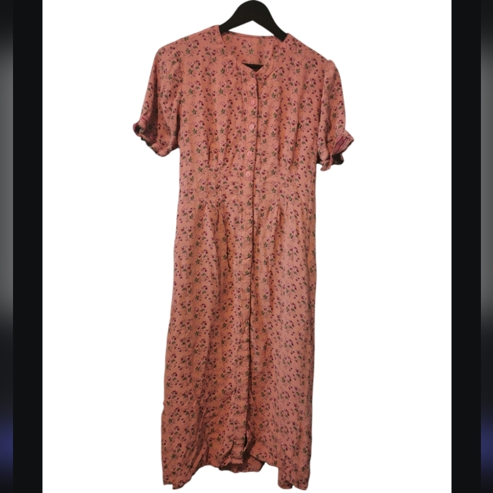 Vintage Cottage Core Medium Pink Floral Button Up Tie Maxi Dress